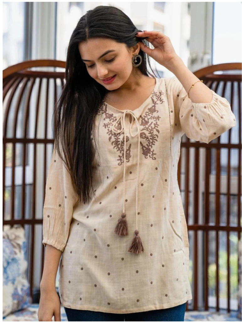 RR SA KURTIS Casual Regular Sleeves Embroidered Women Beige Top